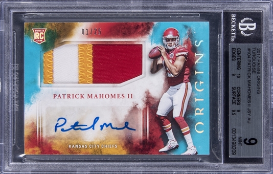 2017 Panini Origins Turquoise #104 Patrick Mahomes II Signed Patch Rookie Card (#01/25) - BGS MINT 9/BGS 10